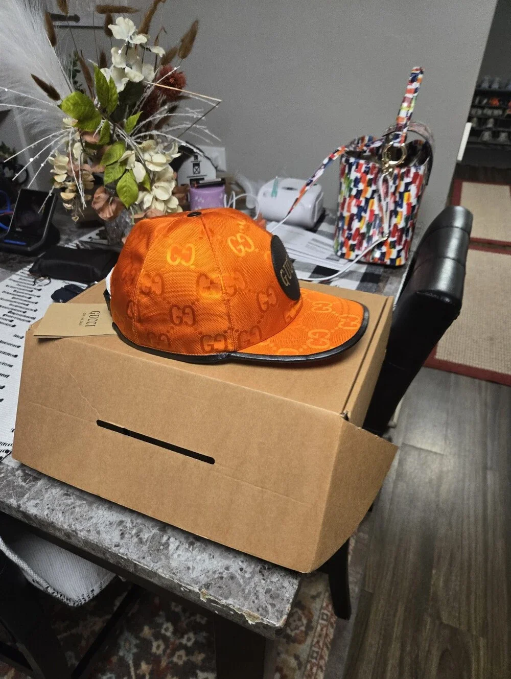 Gucci Bright Orange GG Logo Baseball Cap with Black Patch